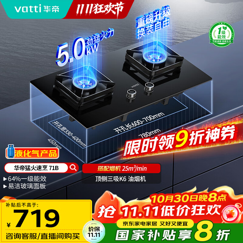 华帝（VATTI）国家补贴20%以旧换新燃气灶家用罐装式液化气嵌入式5.0kW猛火一级能效煤气炉灶双灶台灶具i10071B