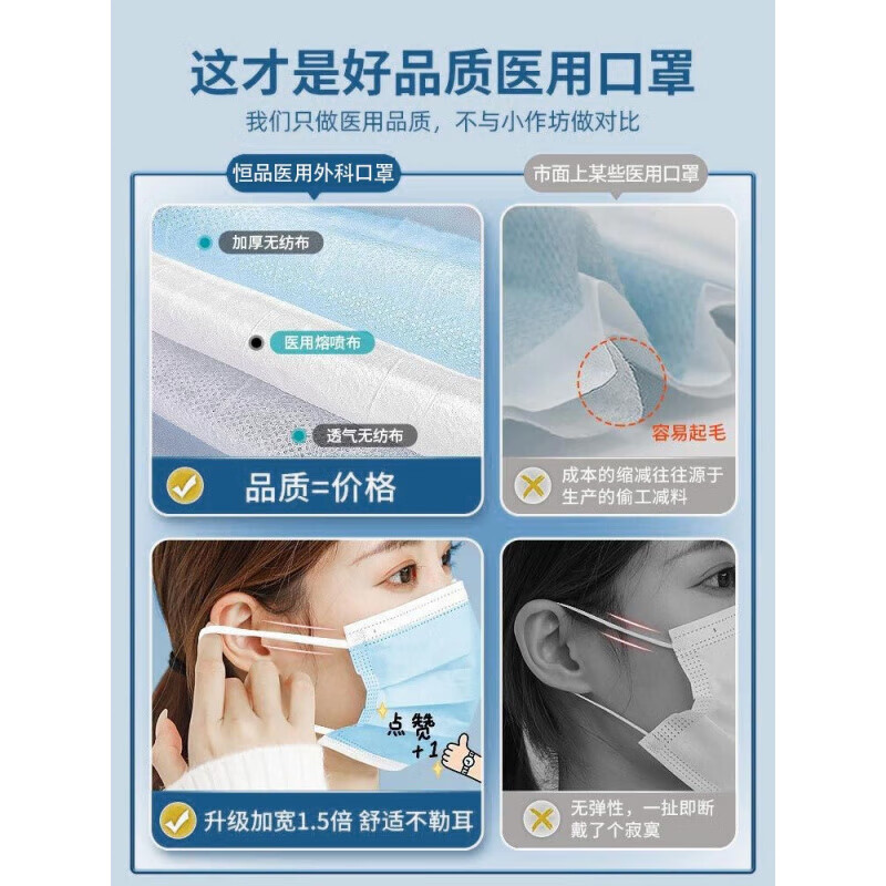 通用恒品00只医用外科口罩一次性三层级独立包装 品牌承诺[30天无理由退换货]运