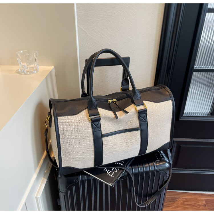 DRYWORLD短途旅行包女帆布手提轻奢出差行李时尚健身包旅游斜挎包 黑色