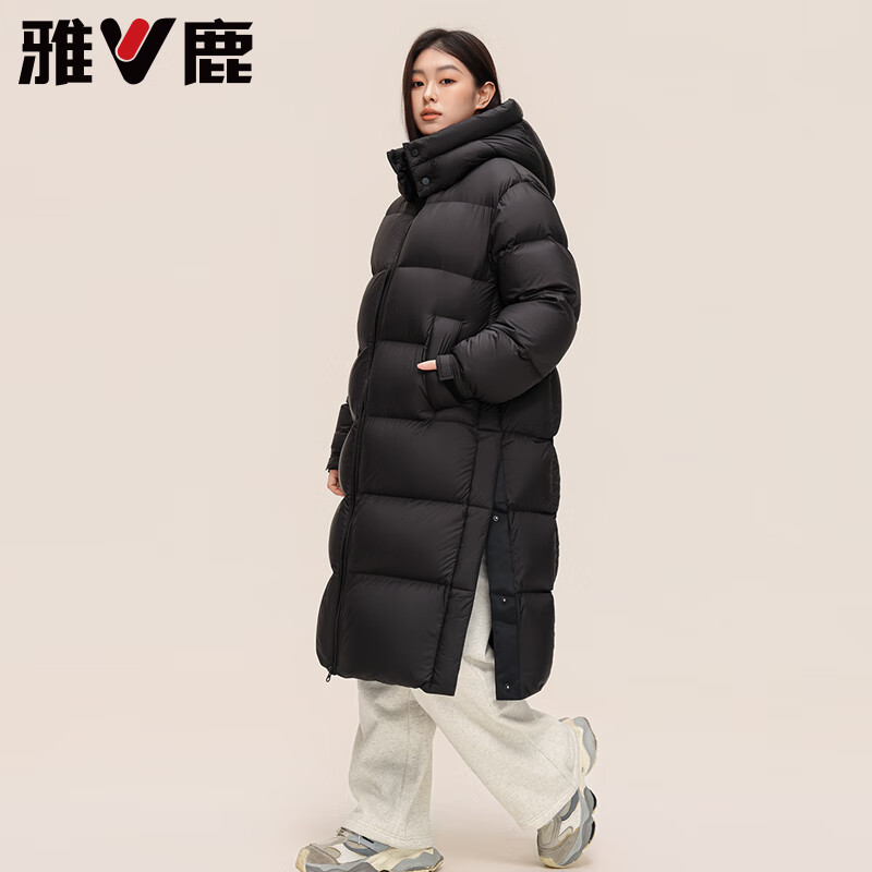 雅鹿情侣泡芙长款羽绒服男女2025新款加厚可拆卸连帽东北抗寒保暖外套 黑色 L 【推荐120-140斤】