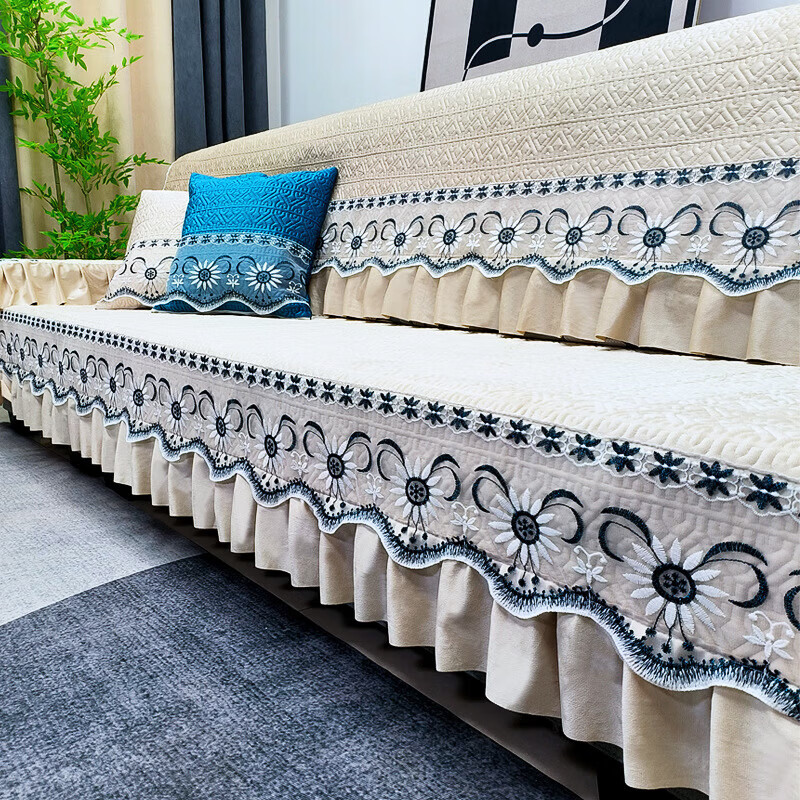 眷耐沙发罩客厅2025新款直排沙发垫套可定制轻奢四季通用加厚防尘防滑 雪尼繁花-灰 带花边宽100*390cm【1片】