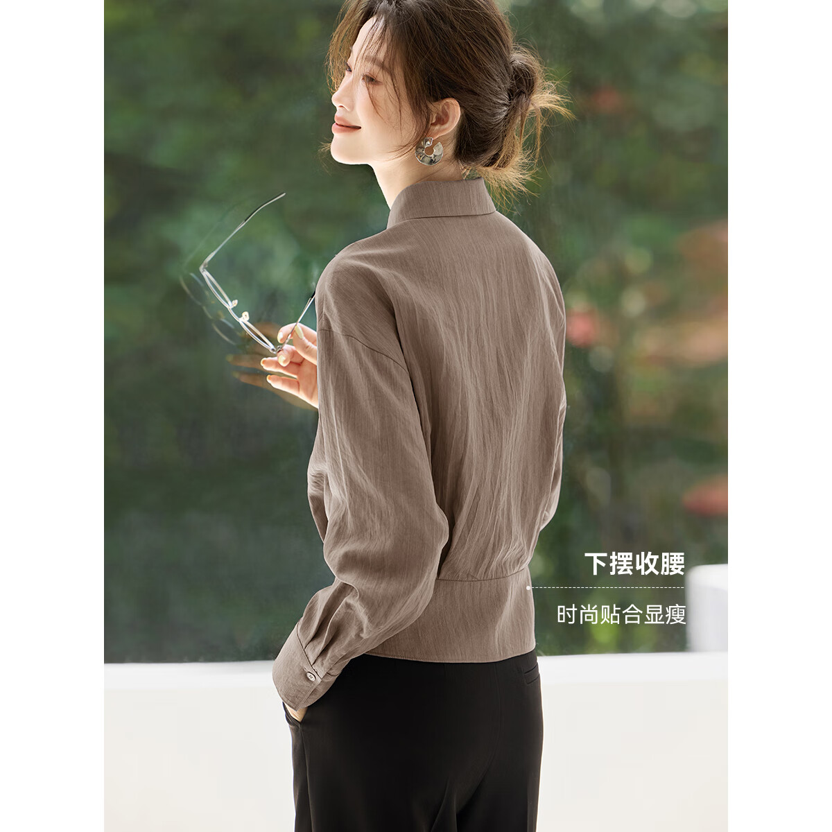 沫晗依美【精致实用主义】秋季新款设计感收腰显瘦百搭时髦翻领通勤衬衫女 咖色 2XL