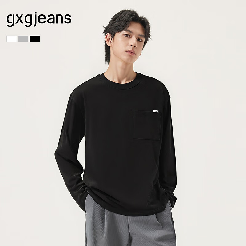 gxg.jeans男装* 多色口袋设计纯棉宽松圆领长袖T恤男 25年秋新品 黑色 L (175)