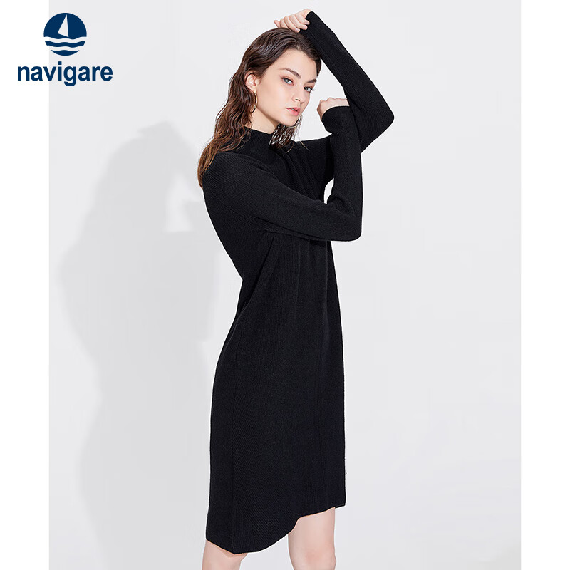 Navigare意大利小帆船含羊絨女士連衣裙2025春秋季舒適親膚休閑高領裙子 黑 S