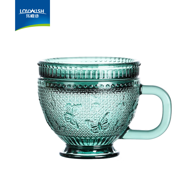 NERVISHI墨绿原色玻璃杯燕麦片早餐杯子家用女牛奶杯带盖碗水杯带把咖啡杯 墨绿乐碟奶杯【带盖】360ml*1