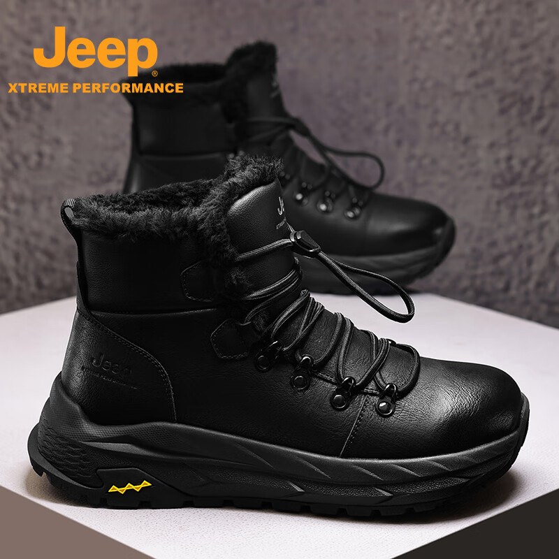 JEEP吉普雪地靴男款冬季加绒保暖棉鞋男士加厚防滑防水户外徒步登山鞋 黑色 39 (245mm) 标准运动尺码