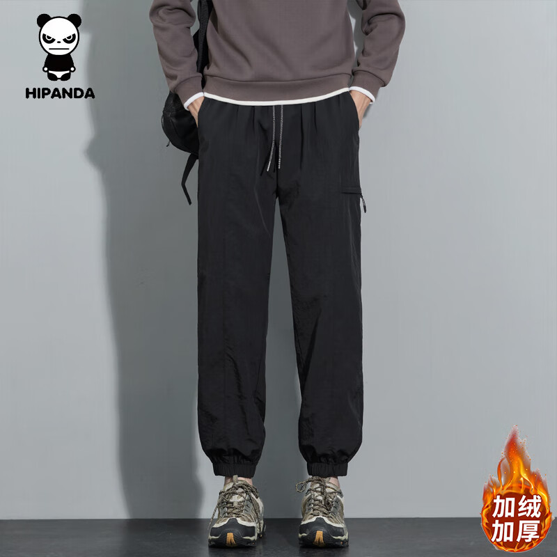 HIPANDA你好熊猫休闲裤男2025年秋冬新款潮牌宽松直筒束脚工装长裤子男款 黑色加绒 2XL