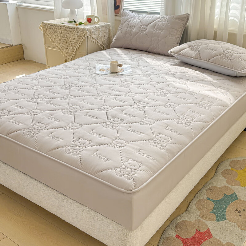 雅鹿加厚夹棉床笠防尘绗缝床罩三件套隔脏床盖床垫保护套床上用品 小熊夹棉床笠-山灰【蓬松柔软 四季通用】 180*200cm单床笠