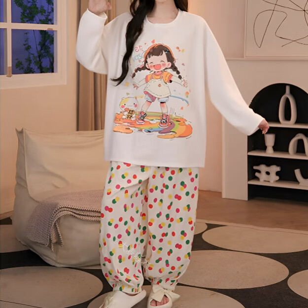 雅鹿睡衣女春秋长袖薄款带胸垫卡通家居服套装长袖长裤可爱学生云朵 H2237双长-彩色圆点女孩(彩) L 【85-105斤】
