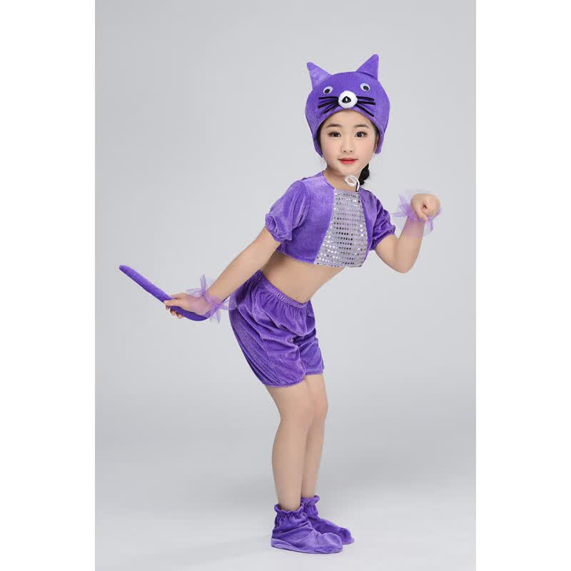 兰伶坊六一儿童节演出服小猫舞蹈服学猫叫幼儿园表演服春夏秋冬服装 紫猫男短款套装 110 cm