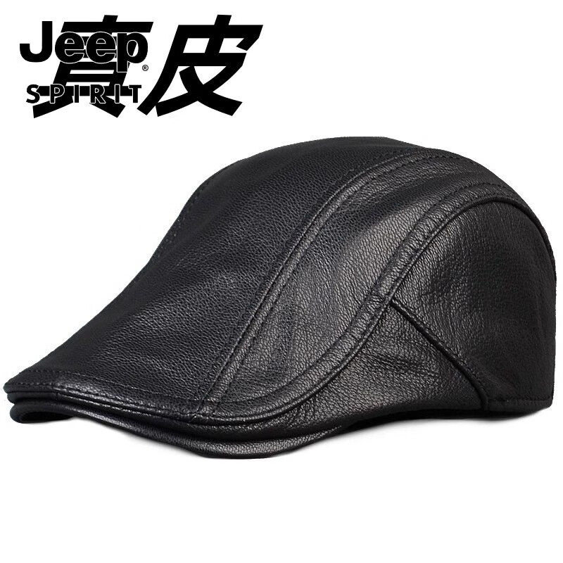 JEEP SPIRIT秋冬新款真皮帽子男真皮鸭舌帽户外中老年贝雷前进帽薄款单帽 黑色 均码 59-60