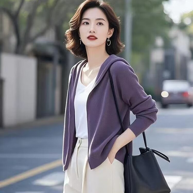 2025新款紫色秋冬带帽子百搭针织短款洋气上衣CSqy气质休闲外套jd 紫色 L 【建议105-115斤】