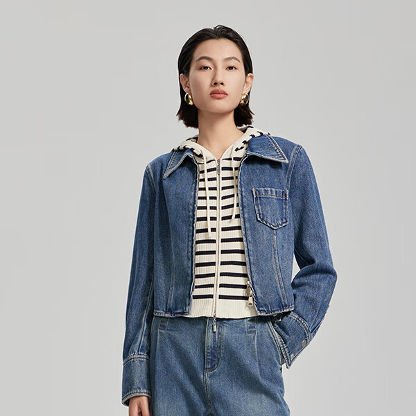 三彩秋女日常休閑修身霧霾藍(lán)牛仔外套S24313403W80 霧霾藍(lán) M