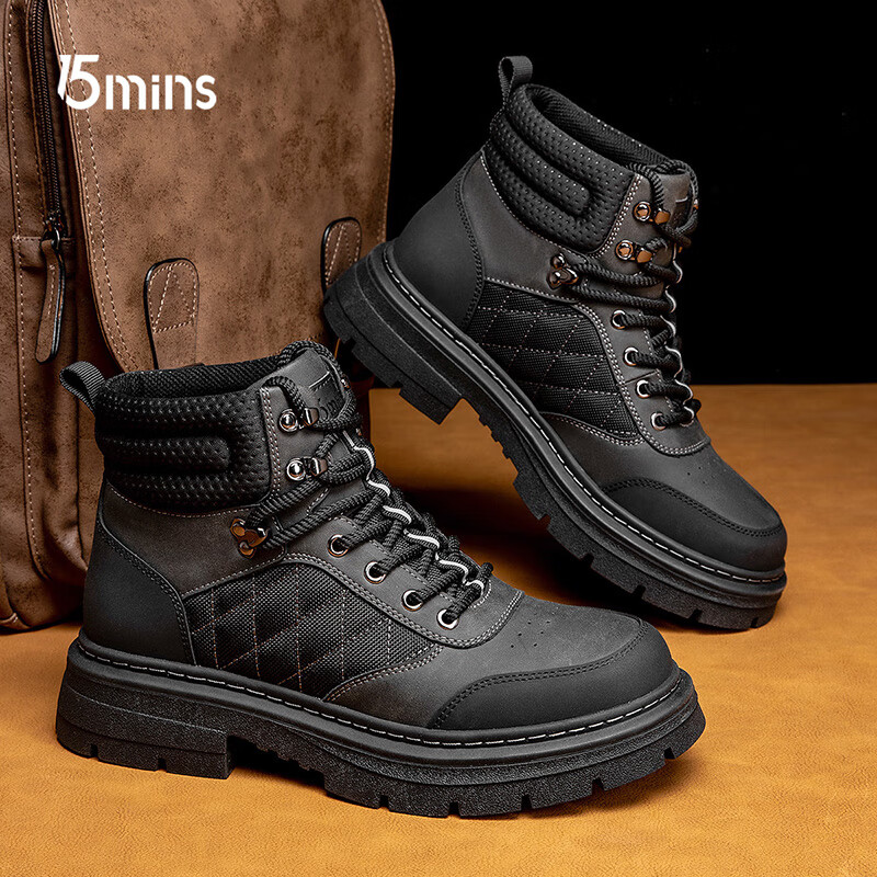 15分钟男士马丁靴时尚男靴舒适户外靴子男英伦风工装靴 E1171 黑灰 41