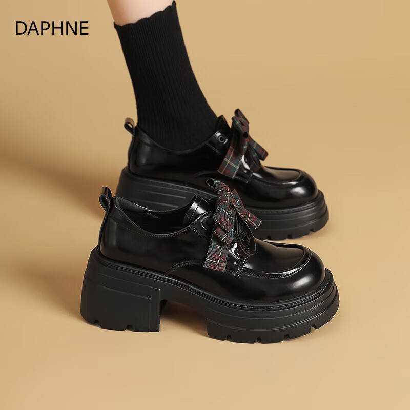 DAPHNE达芙妮真皮厚底蝴蝶结乐福鞋2026新款百搭爆款黑色单鞋英伦jk小皮鞋 黑色 【厚底增高-百搭减震】 37