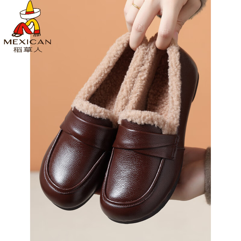 稻草人（MEXICAN）真皮软底冬季加绒一脚蹬女棉鞋中年女士平底低帮休闲鞋大码妈妈鞋 深棕色 34