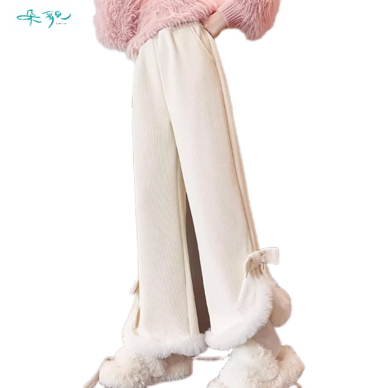 朵貌保暖秋冬裤子2025年新款洋气蝴蝶结加绒阔腿裤女一体绒毛毛裤子 杏色 加绒 L 【101-120斤】