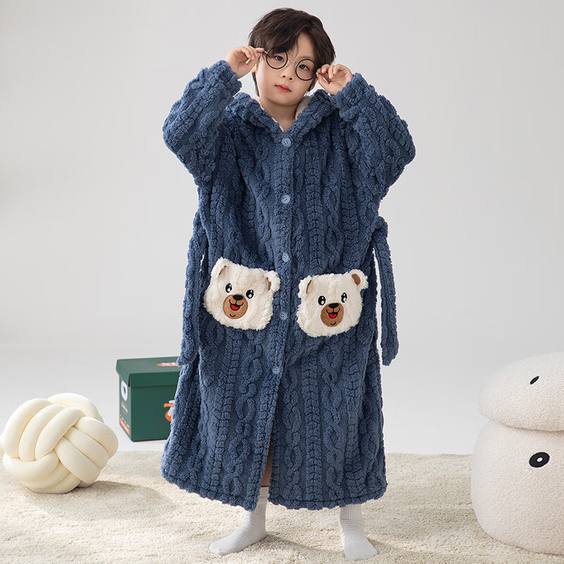 猫人（MiiOW）睡袍儿童秋冬季珊瑚绒浴后加厚男童浴袍小童中大童睡衣家居服 红色（睡袍+裤子） 110 建议身高 101-105