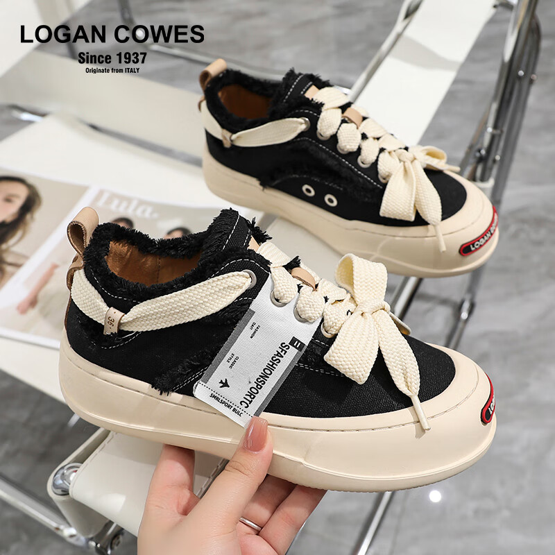 LOGAN COWES开口笑帆布鞋 2024夏季新款乞丐鞋潮鞋厚底增高笑脸帆布鞋2GCS-02 黑色 39
