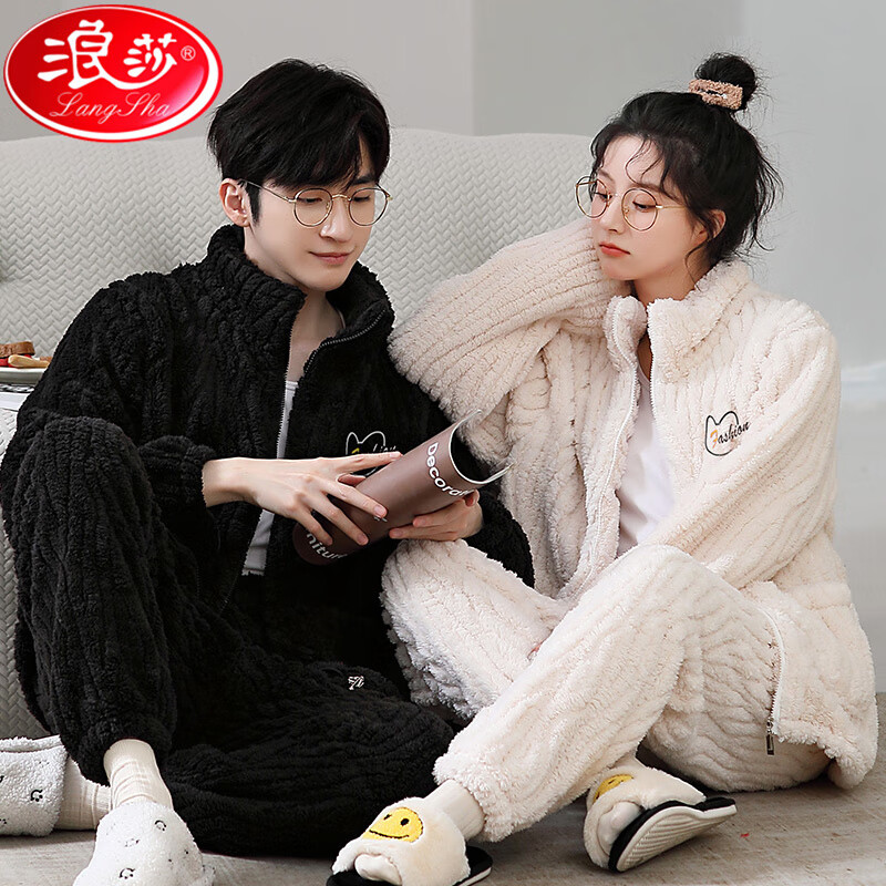 浪莎(LangSha)夫妻情侣长袖珊瑚绒家居服冬季男女可外穿本命年红色睡衣套装 单女 L 建议女100-120斤,男105-135斤