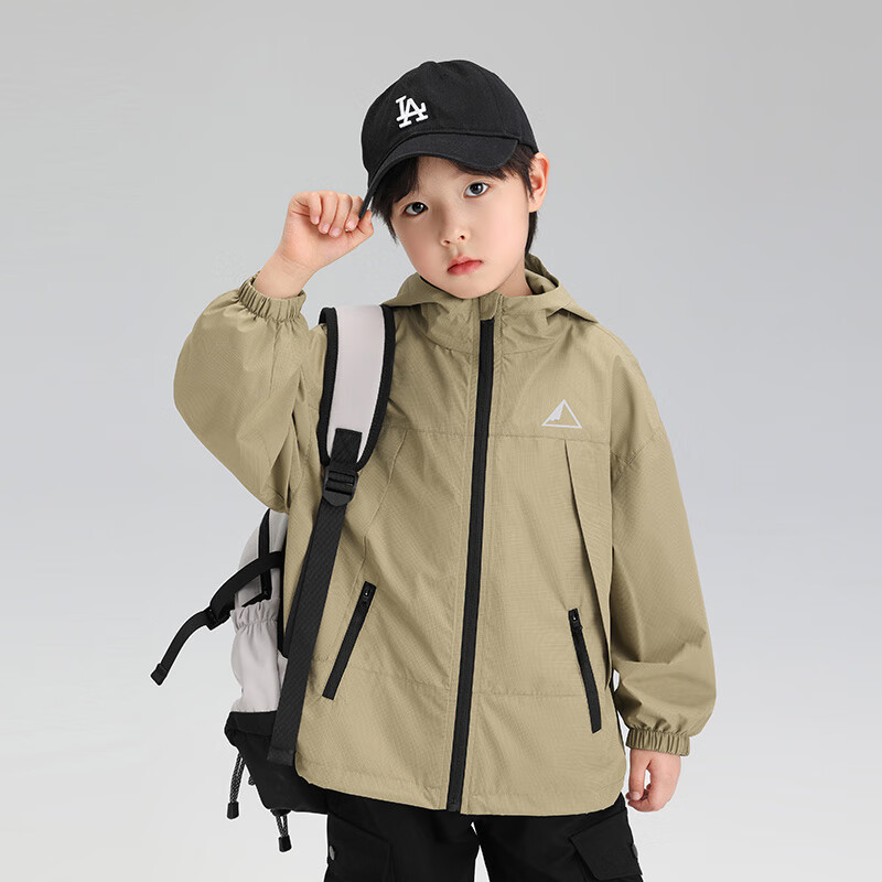 小猪班纳（PEPCO）儿童山系水拼接撞色冲锋衣户外中长款中大童防春秋款外套 山峰棕 150 建议身高140-150cm