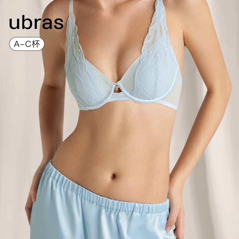 ubras轻奢流雾蕾丝性感内衣女透气轻奢大胸显小聚拢文胸 【清仓】兔耳杯文胸-涟漪蓝色 M (75A/B/C)