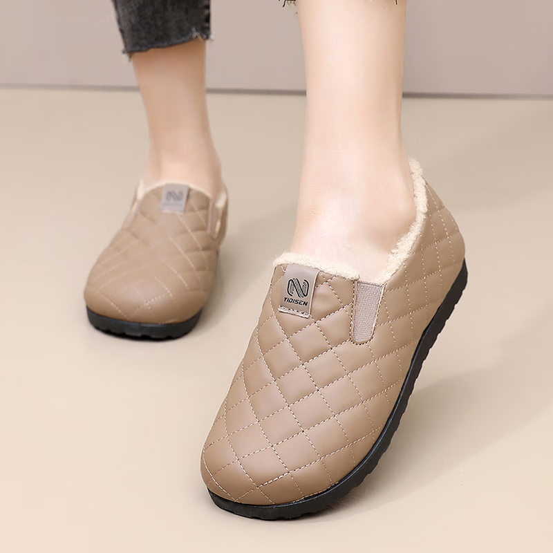 意迪森冬季女新款加绒保暖一脚蹬软底防滑二棉豆豆鞋防水中老年妈妈棉鞋 咖啡色 加绒 37 (235mm)