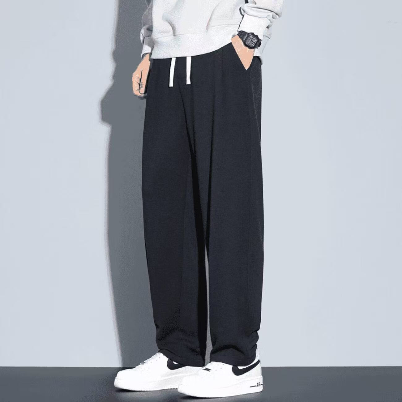 罗鸣老人秋季新款针织休闲裤男士宽松直筒百搭显瘦潮流弹力垂感男生长裤 黑色 3XL （推荐165-180斤）