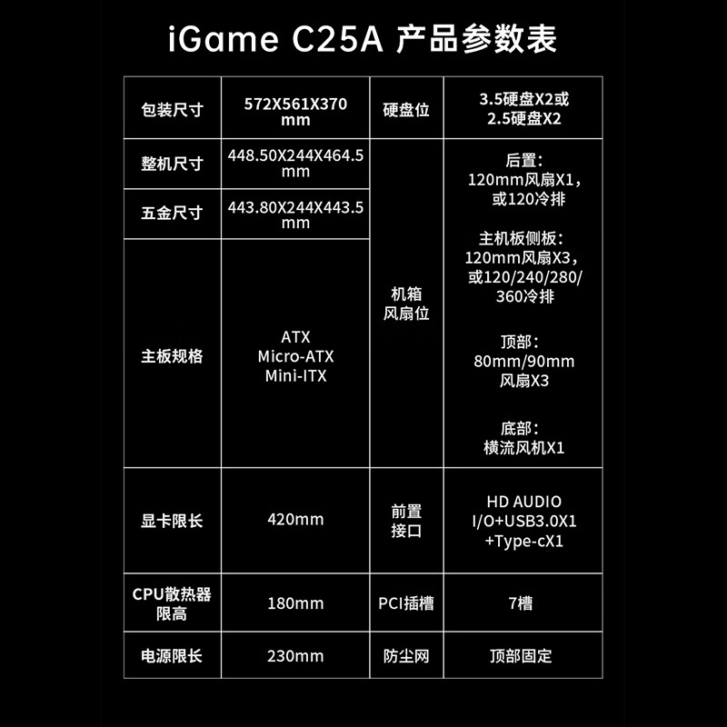 七彩虹（Colorful）iGame C25A Ultra W定制电脑主机箱 C25H双玻璃无立柱海景房/10风扇位  新品丨iGame C25A Vortex 机箱