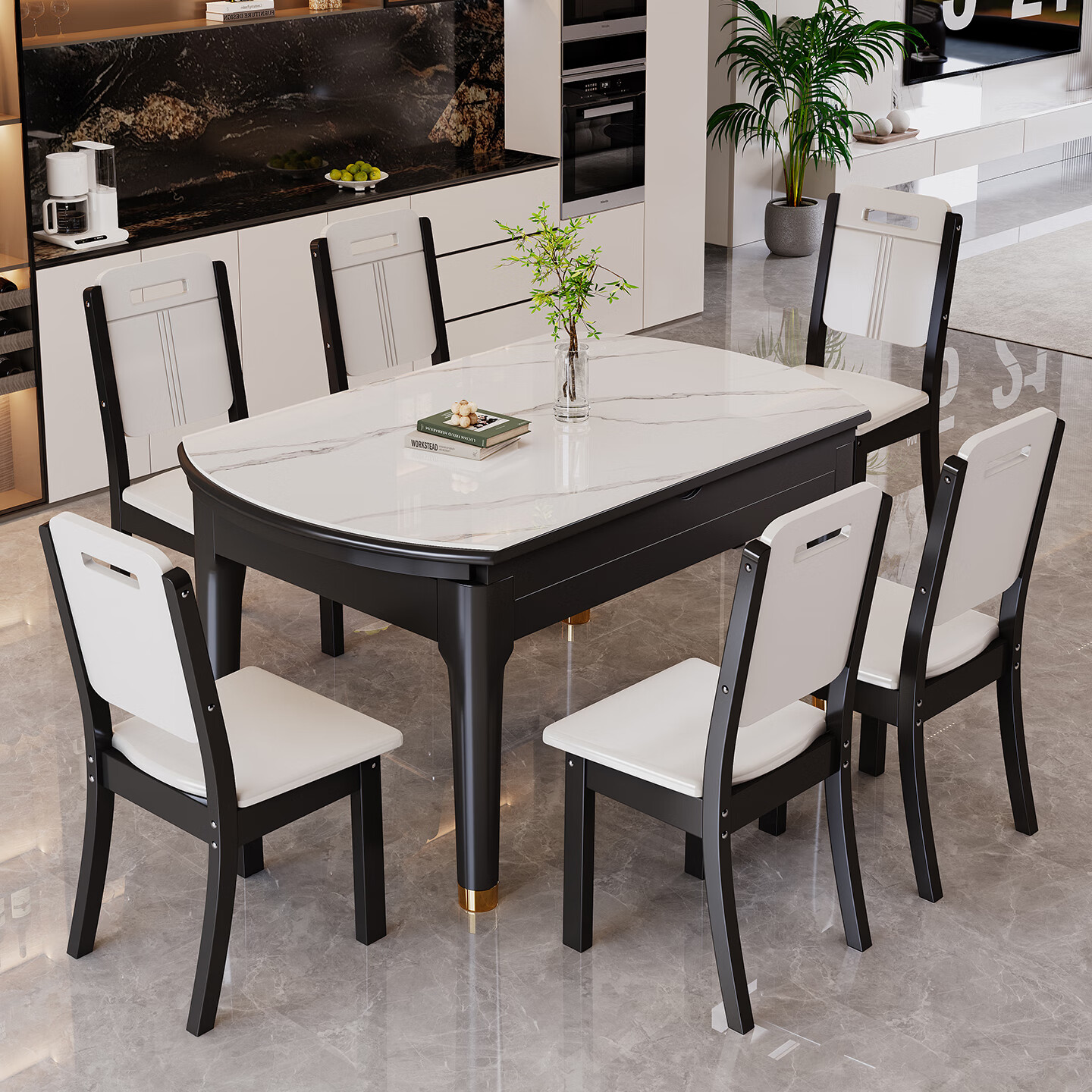 木斌实木岩板餐桌椅子全套现代简约家用小户型伸缩可折叠饭桌可变圆桌 【12MM岩板】 1桌8木椅 （抗菌岩板） 1.2米