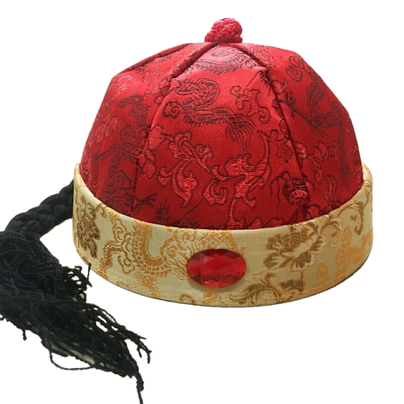 桔子悅 唐裝地主帽瓜皮帽子男清朝宮廷帝新郎古裝演出成人王爺帽帝帽 龍圖紫紅軟頂 4號47厘米頭圍2--10個月