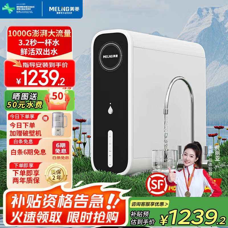 美菱(MeiLing)净水器大通量1000G家用净水机厨下过滤器净饮机长效RO反渗透纯水机净饮机厨下式直饮机ML-2R1000  【性价比优选】1000G-指导安装