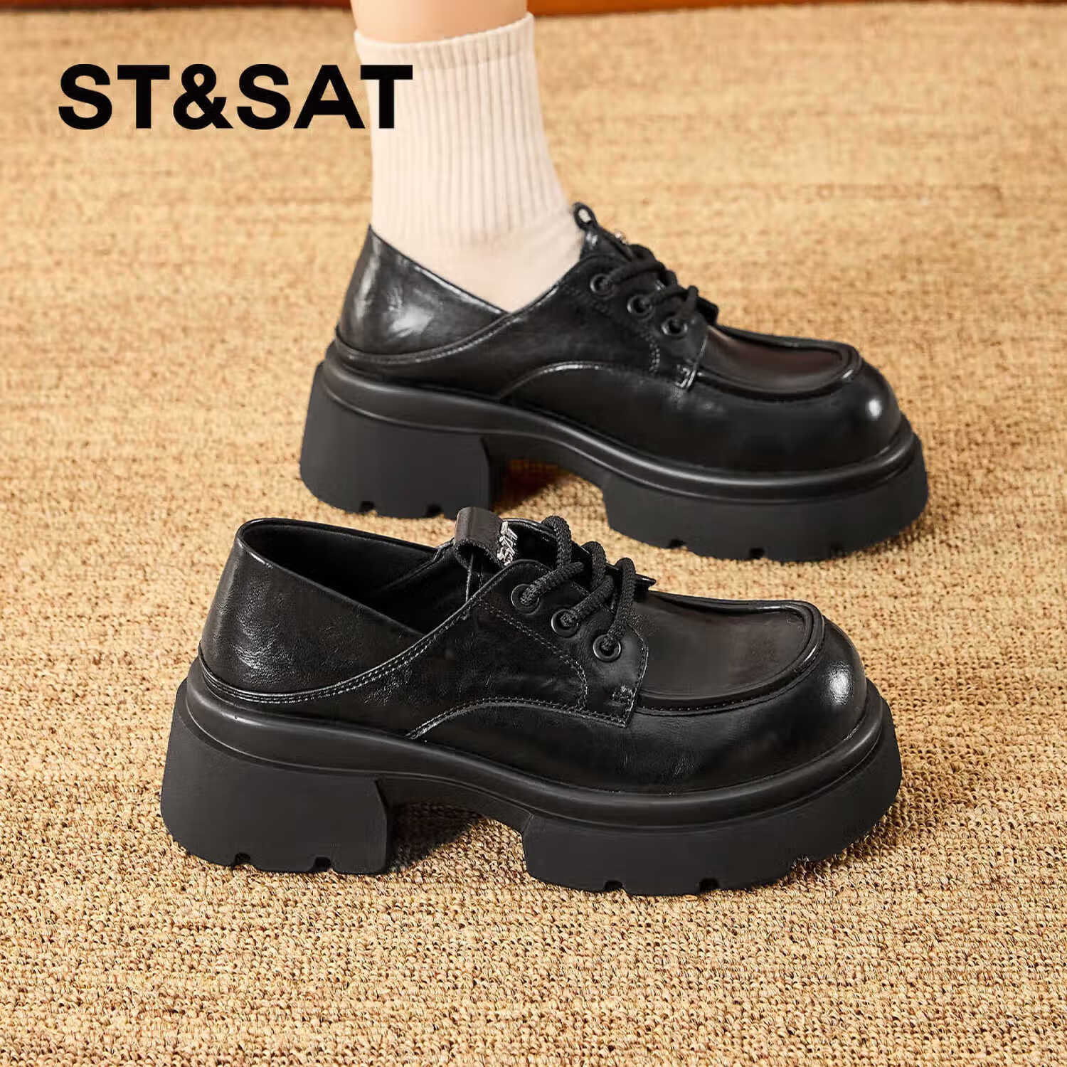 星期六厚底增高乐福鞋女2025新款爆款秋冬百搭鞋子黑色英伦小皮鞋女款 黑色 38