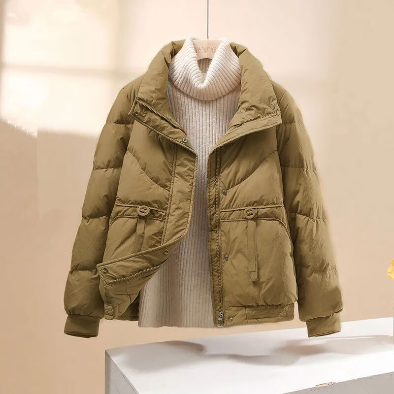 子牧棉麻2025冬装 女休闲百搭棉服时尚立领长袖棉衣保暖外套棉袄0805 卡其色 M (建议95-115斤)