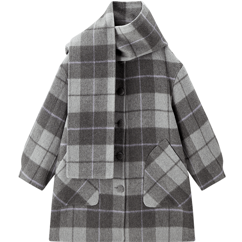 樂(lè)町圍巾款雙面呢大衣羊毛冬季新款外套 銀灰（現(xiàn)貨） M