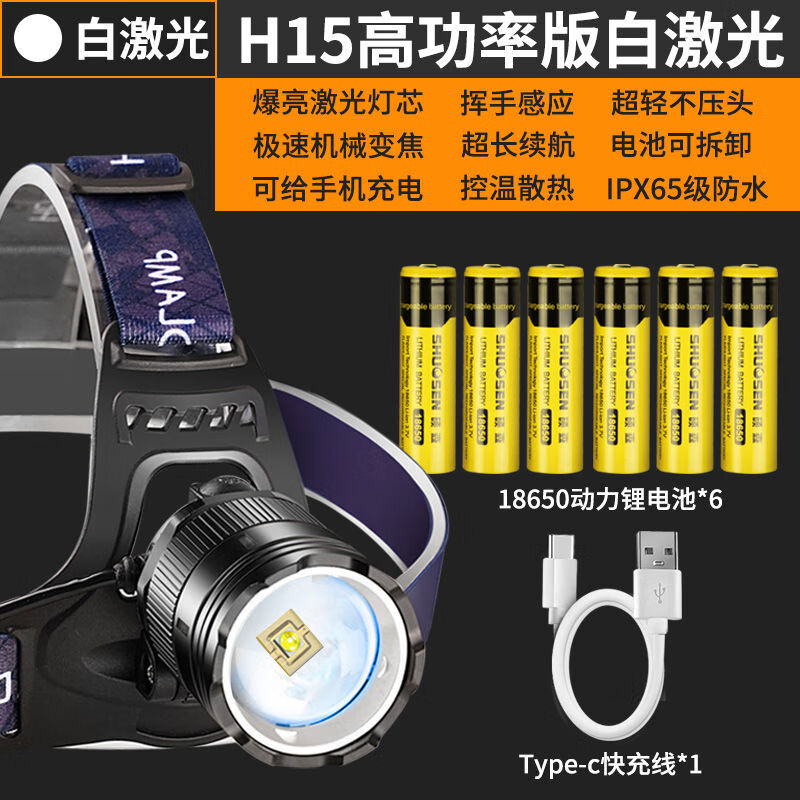宰搂头戴式强光头灯充电感应激光亮手电筒夜钓鱼专用户外照明灯 H16白黄双激光六节锂电池