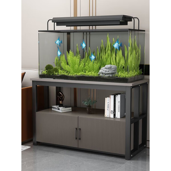 胖东来同款鱼缸架子鱼缸底柜鱼缸架金属底架底座草缸铁艺鱼缸底架 黑架＋胡桃柜竖条门 不带鱼缸 50x30x70cm 长宽高