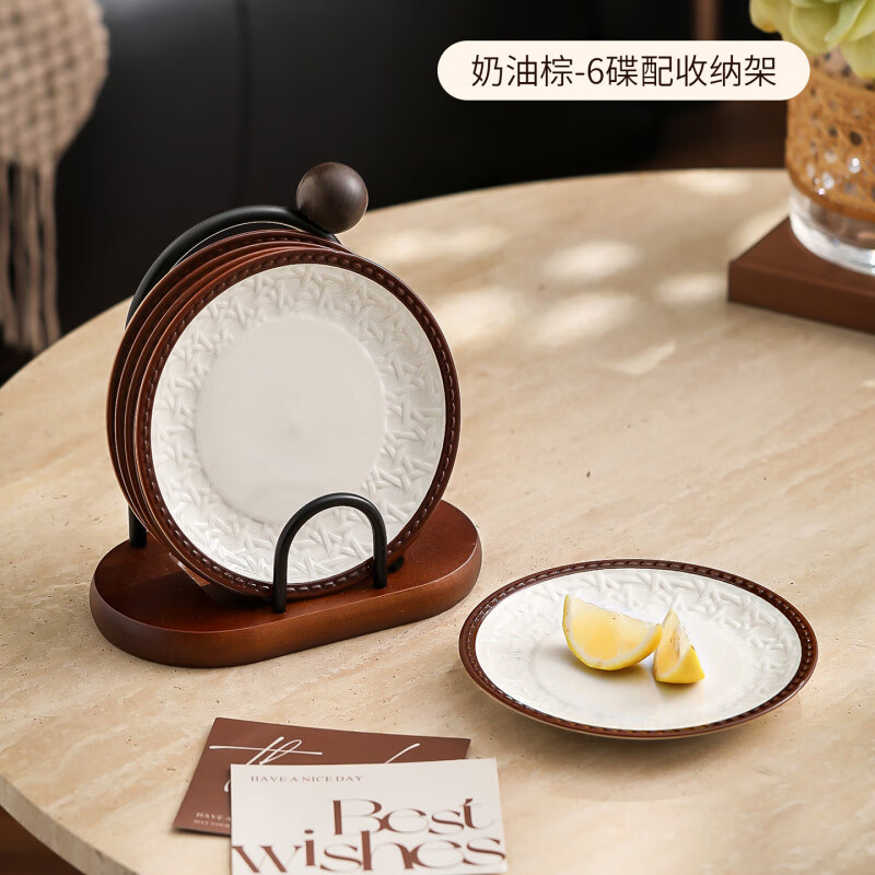漫時(shí)光法式覆古陶瓷吐骨碟家用餐桌垃圾盤(pán)輕奢感下午茶點(diǎn)心碟 奶棕-6碟配收納層架