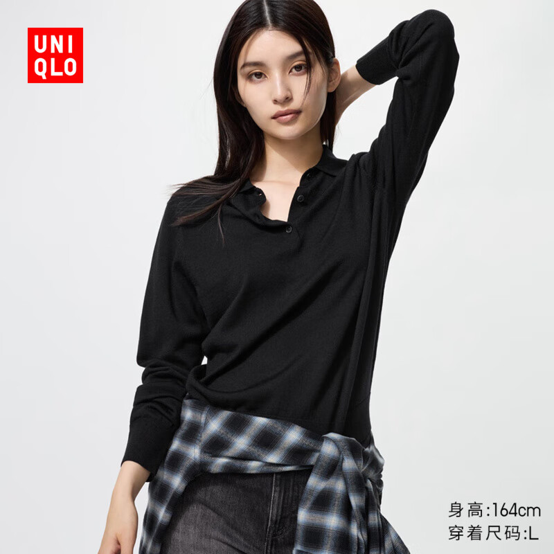 优衣库女装精纺美利奴羊毛POLO领针织衫/通勤25秋冬新款478333 09 黑色 L /160/88A