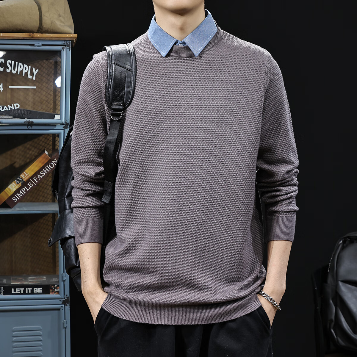 新百伦毛衣男士秋冬季内搭假两件针织衫保暖舒适毛线衣男装 黑色 常规 XL 码【建议130-145斤】