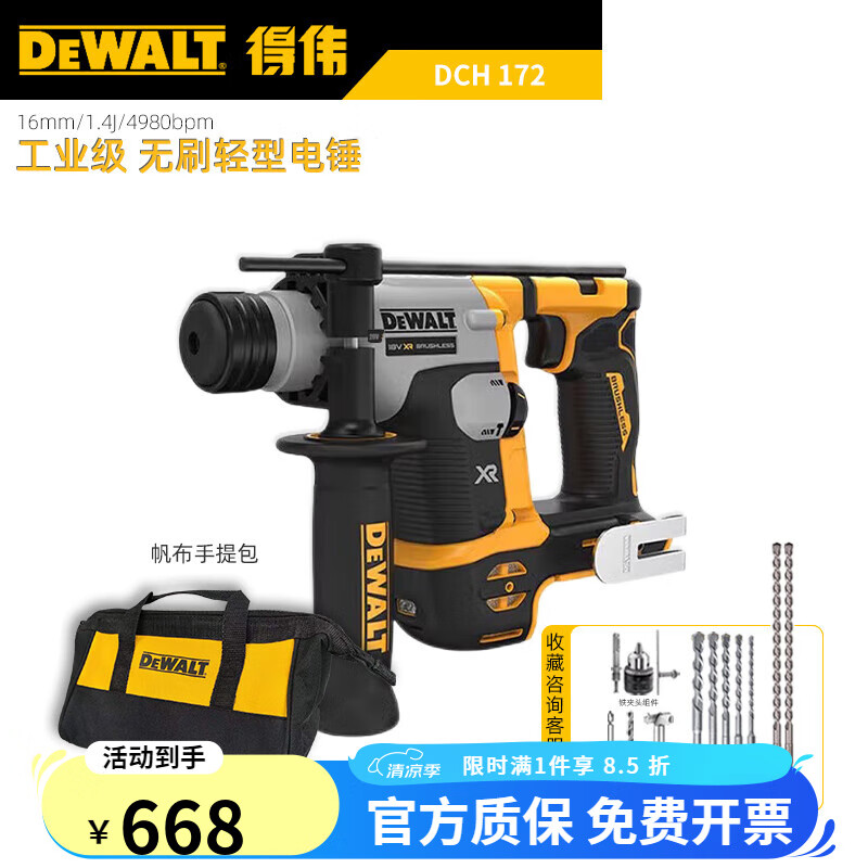 得偉（DEWALT）DCH172N-A9鋰電20V無刷16mm緊湊電錘電鎬電鉆沖擊鉆大功率打孔 DCH172N-A9裸機(jī)+工具包