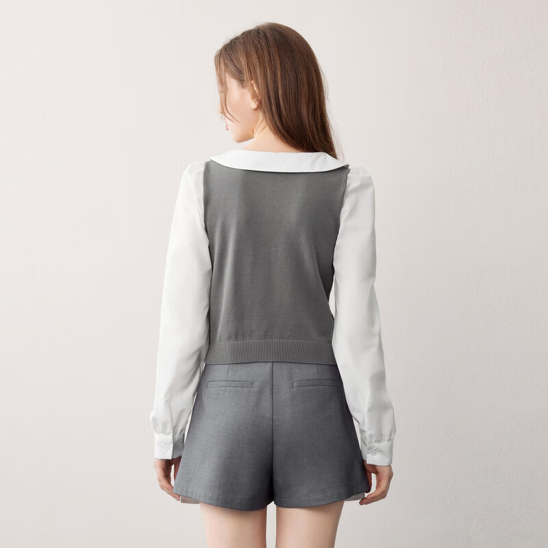 乐町娃娃领衬衫拼接套衫 灰色（现货） S