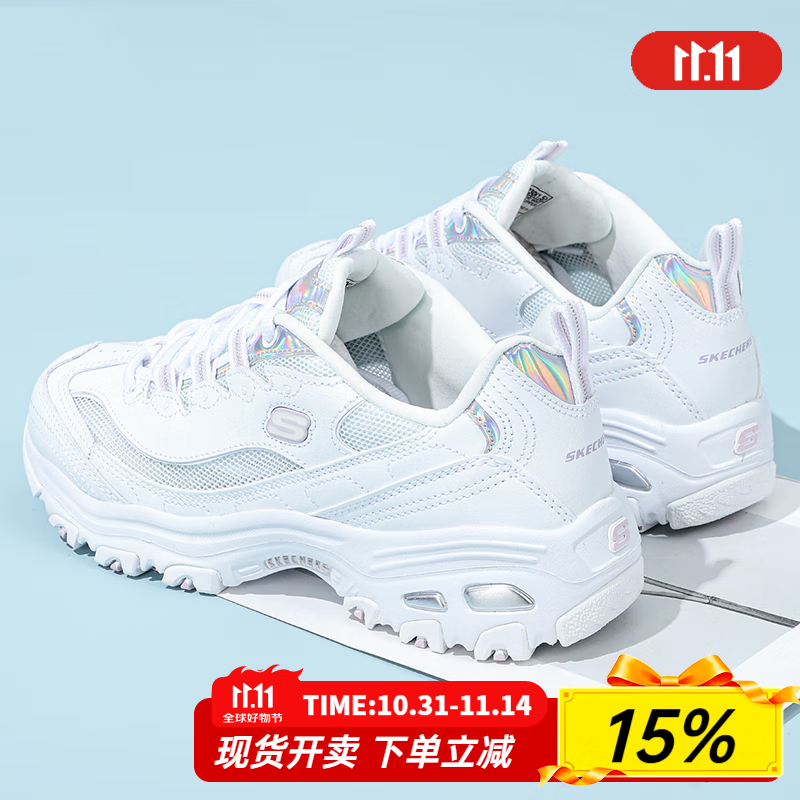 斯凯奇（Skechers）女鞋夏季2025新款熊猫鞋网面透气运动鞋增高厚底老爹鞋休闲小白鞋 白色-WHT 35