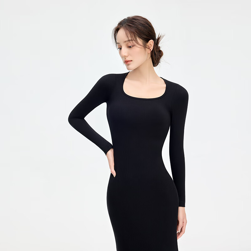 曲线主义Curve【张雨绮同款】长袖U领修身显瘦连衣裙包臀可外穿睡裙女秋冬 黑色 S 码（85-110斤）