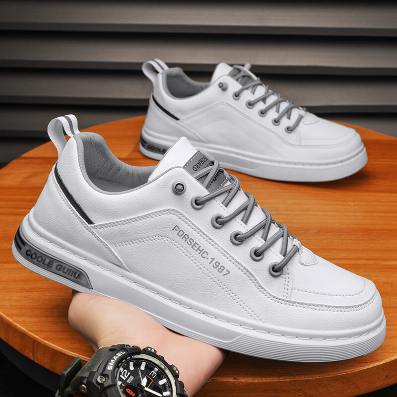 西域骆驼（VANCAMEL）男鞋秋季英伦商务休闲皮鞋子男士免系带软底百搭运动板鞋子男板鞋 【官方正品 品质保证】白色配色 43