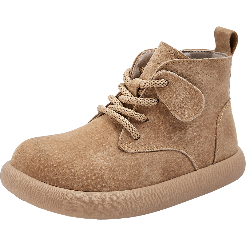 意爾康童鞋冬季保暖兒童靴子男童馬丁靴女童加絨短靴皮靴 駝色 30碼