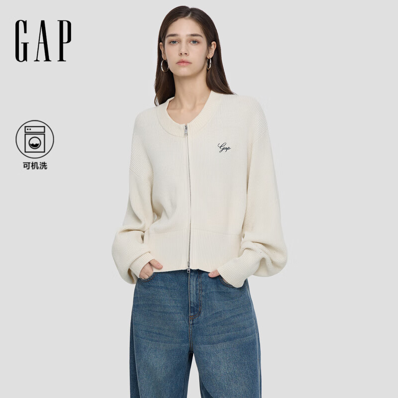 GAP女装2025秋季新款logo刺绣罗纹针织灯笼袖开衫休闲上衣793673 象牙白 S (160/84A)亚洲尺码