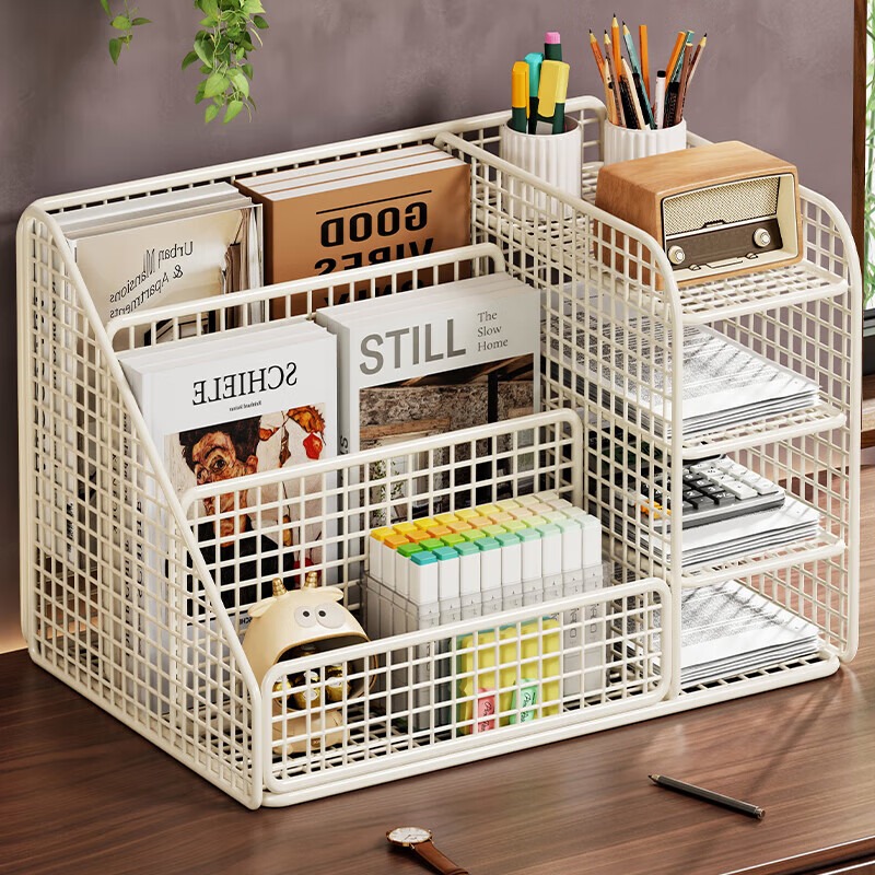 木格格桌面书架桌上多层儿童书架绘本架桌面置物架桌面收纳办公桌储物架 白色【左侧立款】