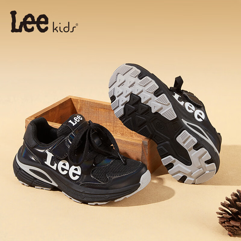 Lee童鞋秋季儿童运动鞋户外网面老爹鞋男女童透气跑步鞋中大童 黑色 33 【建议脚长203-208mm】