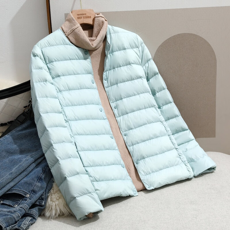 胖东来绒棉服内胆反季处理轻薄女短款2025新款胖东来同款 棉衣水蓝色 明天恢复69 2XL 110-120斤